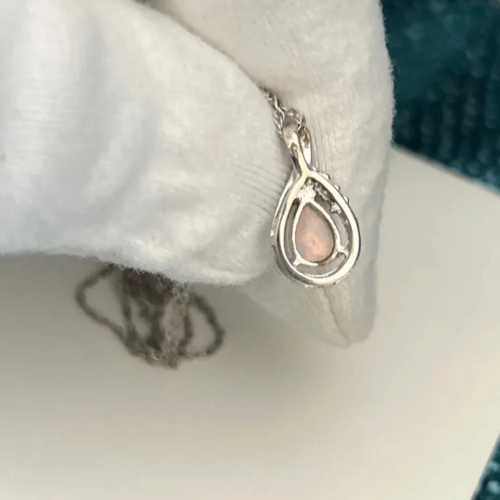 💖SOLD!💖 14K Pink Opal & Diamond Modernist Pendant Necklace in Solid Rose Gold - Picture 5 of 9